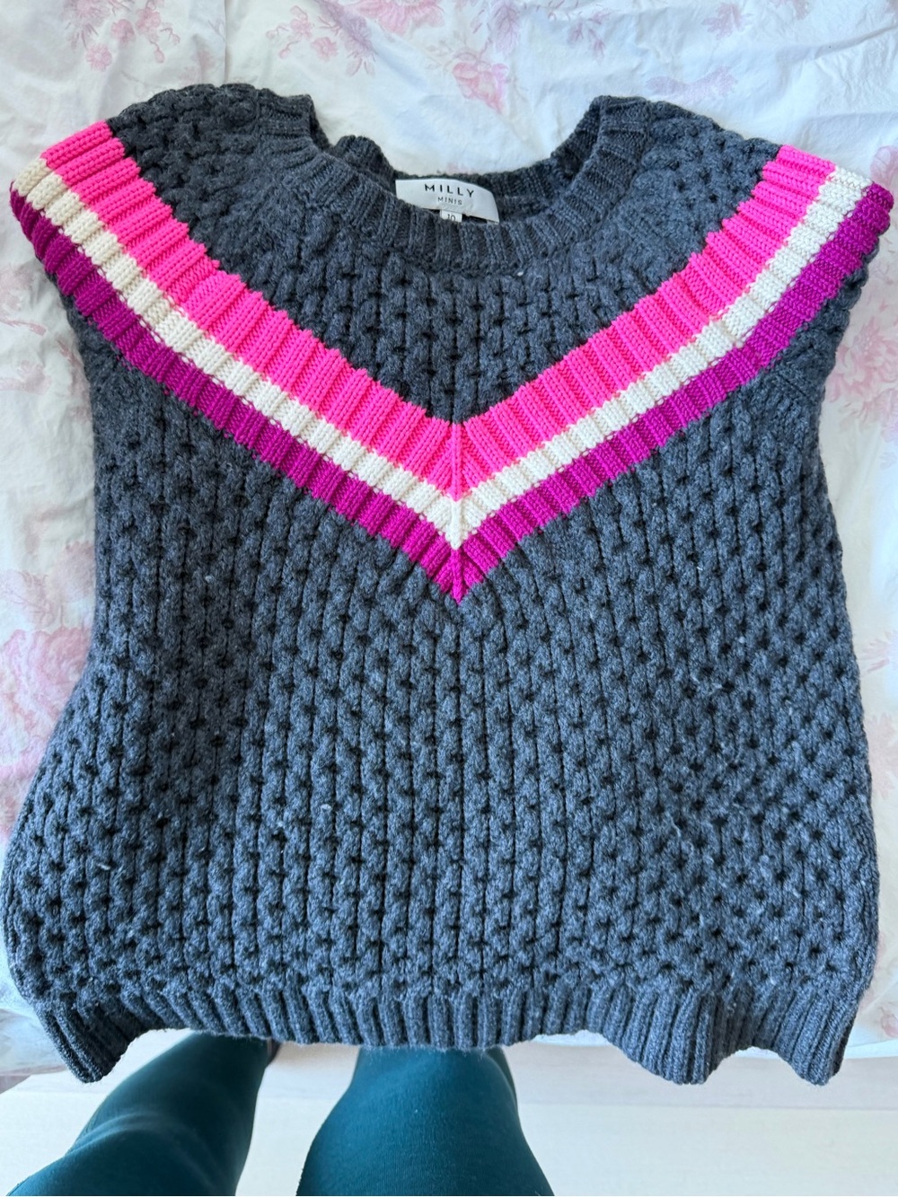 Milly Minis Charcoal Knit sweater with Hot Pink, Magenta & Cream V-Striping